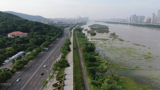 航拍湖南长沙湘江风光带