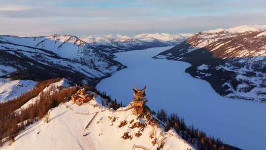 新疆阿勒泰地区喀纳斯景区雪景航拍