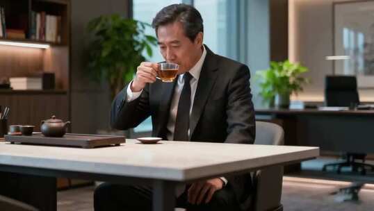 商务男士办公室内品茶画面