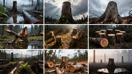 森林砍伐后的树桩景观 光影下的砍伐树木
