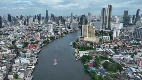 航拍泰国曼谷湄南河城市高楼天际线风光视频素材模板下载