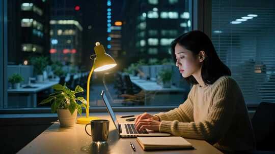 亚洲女士夜晚加班工作职场人物专注场景