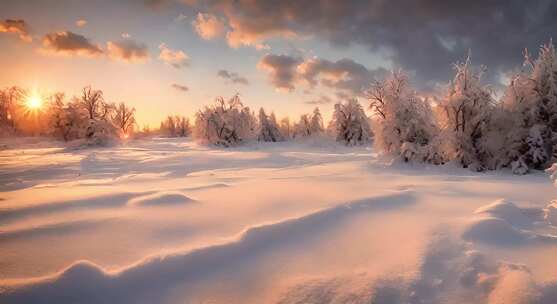 夕阳下的雪景 雪花特写