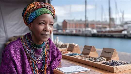 非洲传统服饰妇女于港口市场售卖工艺品