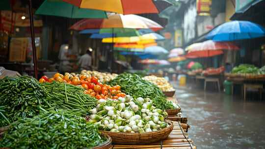 雨中菜市场蔬菜摊位景象