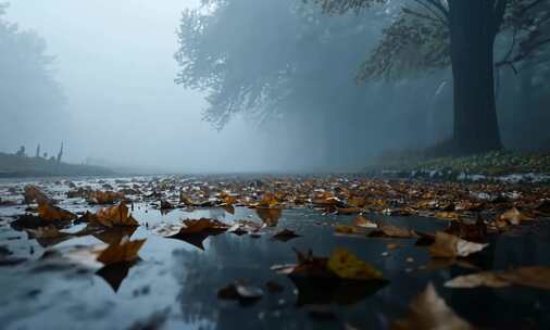 伤感落叶枯叶空镜头雨后地面落叶特写空镜头