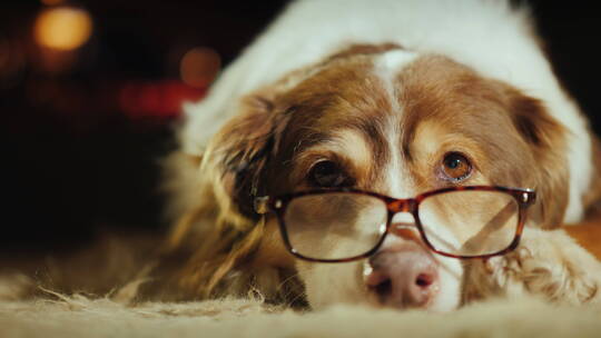 狗狗戴着眼镜趴在地毯上视频素材模板下载