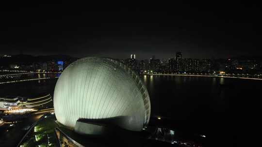 珠海日月贝夜景航拍夜晚珠海大剧院珠海地标