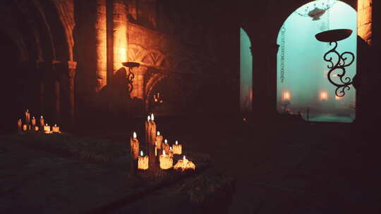 一组点燃的蜡烛照亮寺庙中的黑暗房间