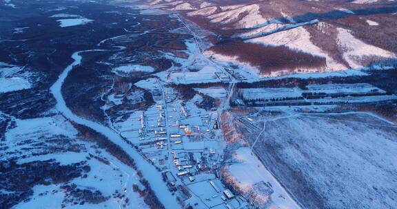 航拍内蒙古边塞百年古村落太平川雪景