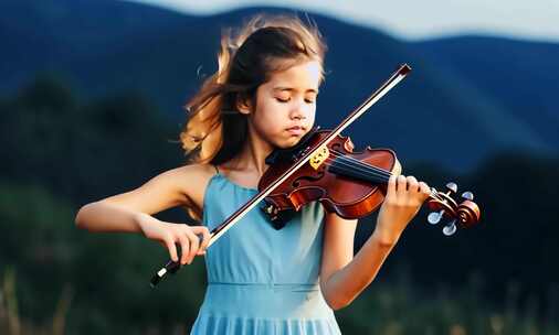 夜晚山顶拉小提琴的少女 小提琴演奏 文旅