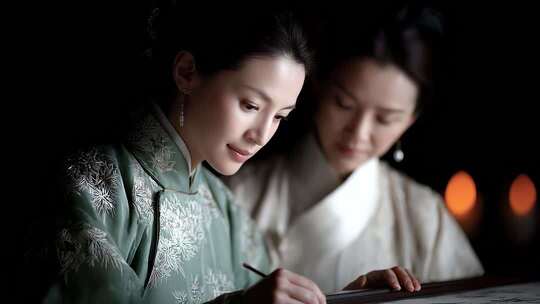 古代女子烛光下专注书写绘画