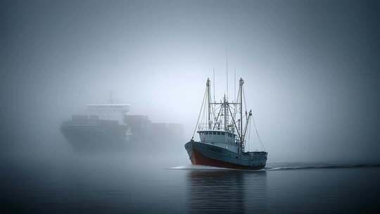 迷雾中航行的渔船与货轮的相遇