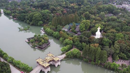 航拍扬州瘦西湖五亭桥江南园林景观