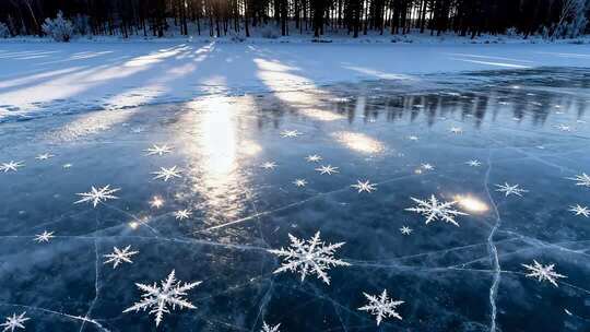 冬季森林结冰湖面雪花景观