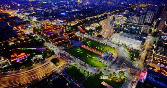 陕西西安城墙永宁门广场夜景