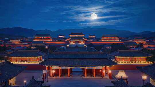 月夜下的中式古建筑全景