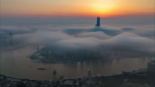 上海城市云海日出俯瞰景象