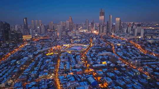 航拍天津五大道雪后夜景