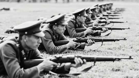 军人草地卧姿持枪训练