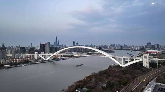 上海卢浦大桥航拍上海世博文化园黄浦江地标