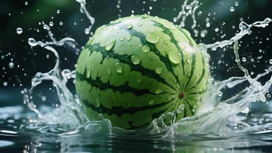 水珠飞溅在冰镇西瓜上的夏日清凉感