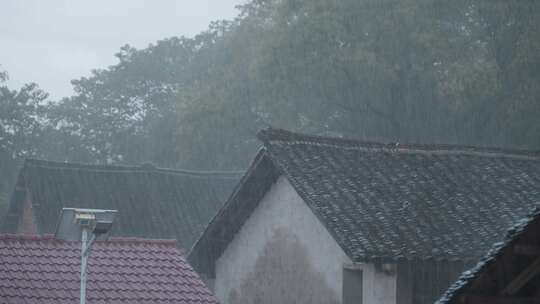 农村瓦房雨景