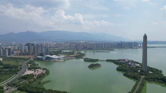 带高塔的水边城市景观九江胜利碑九江博物馆