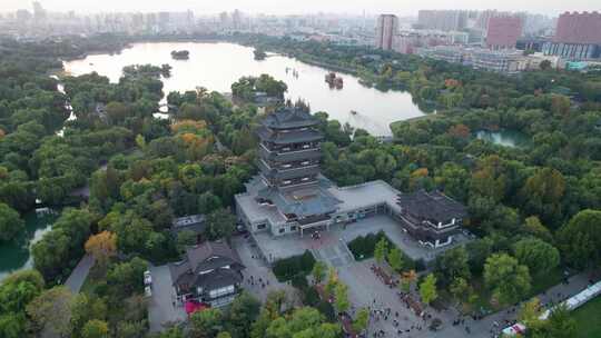 山东济南大明湖超然楼晚霞夜景游船俯拍航拍