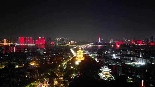 湖北武汉黄鹤楼景区夜景航拍