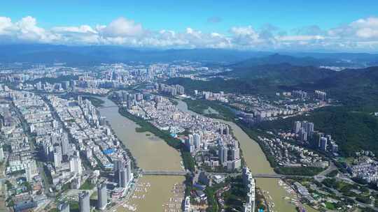 海南三亚游艇基地三亚河高视角航拍城市风光