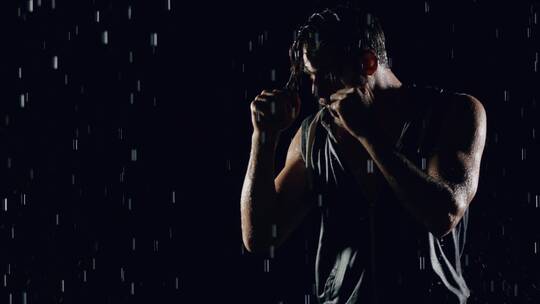 男运动员在雨中健身视频素材模板下载