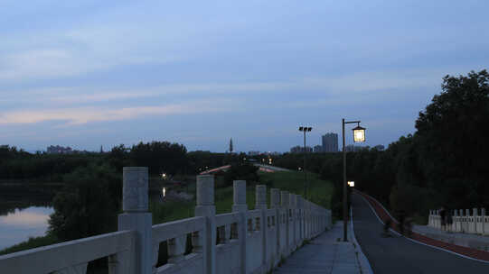 4k城市公园桥面黄昏路灯夜景延时素材