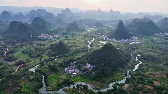 日出下的山水乡村自然风光全景