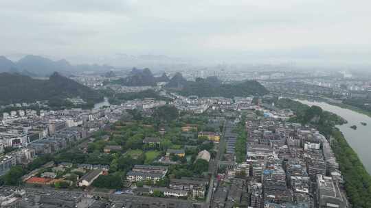 广西桂林城市风光航拍桂林清晨烟雨桂林