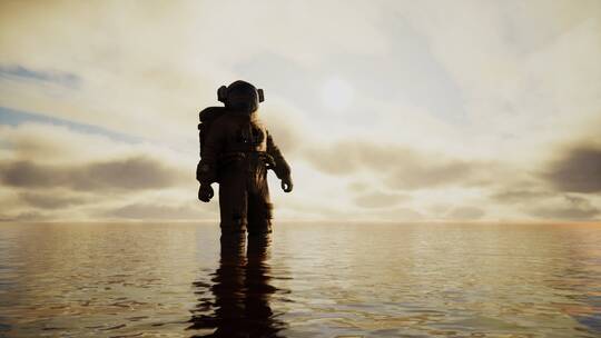 日落时分云层下的海上宇航员