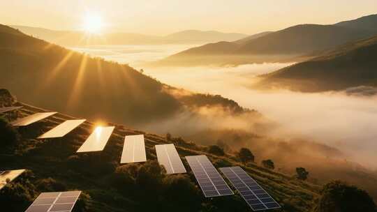山间晨曦中的太阳能光伏板