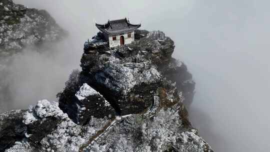 贵州梵净山 冬天 雪 建筑 山顶视频素材模板下载