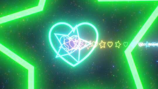 飞翔在无尽的彩虹霓虹灯发光隧道的心和星形