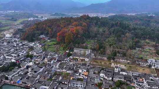 安徽黄山宏村徽派建筑群秋色日落夜景航拍