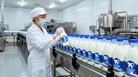 工人在牛奶生产流水线进行检查