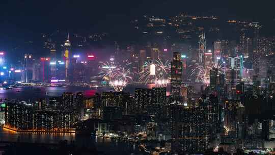 香港太平山维多利亚港CBD夜景烟花秀