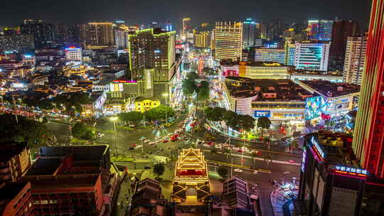 南宁朝阳广场钟鼓楼夜景航拍延时视频