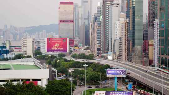 香港港岛城市主干道车流航拍