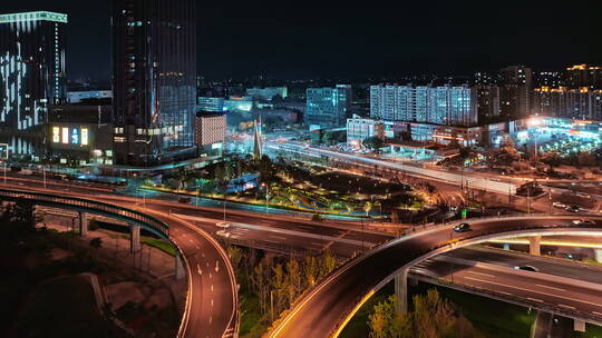 航拍南京江北新区道路交通车流繁华夜景