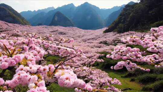 山间盛开的大片粉色樱花风景