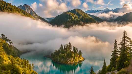 山间云雾缭绕的湖泊美景