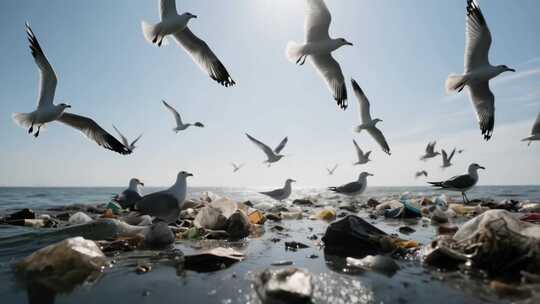 海面上海鸥与垃圾场景