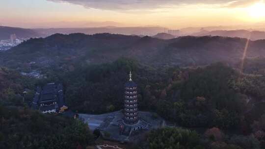 新昌大佛寺栖光净寺万佛塔日出航拍