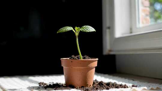窗边盆栽幼苗特写